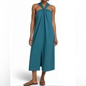 Faherty 100% Organic Cotton Teal Blue Cross Neck Midi Dress, size M